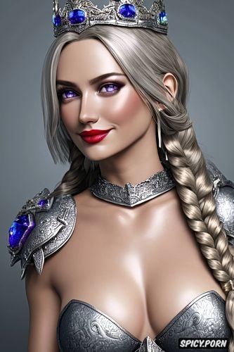 female knight, ultra detailed, soft purple eyes, tiara, long silver blonde hair in a braid