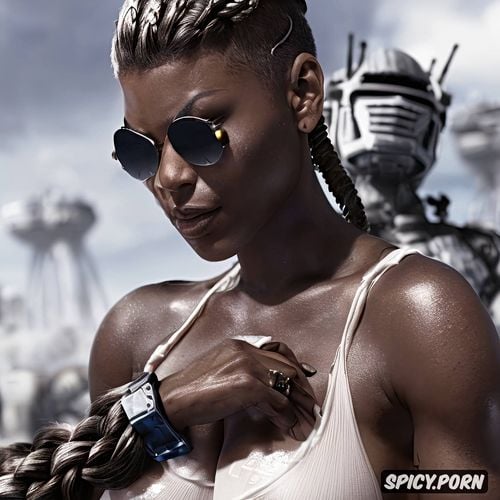 oily skin white braided hair, naked big breasts visible, wearing destroyed power armour