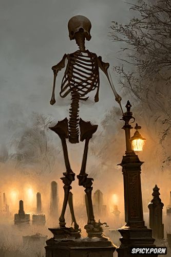 some meters away, foggy, scary glowing standing skeleton, graveyard at night