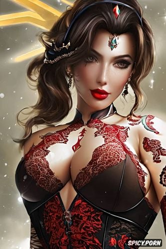 ultra detailed, ultra realistic, mercy overwatch sexy tight low cut red lace dress tiara tattoos beautiful face full lips milf full body shot
