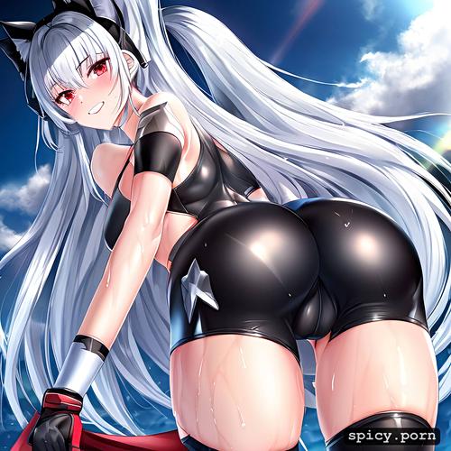 good anatomy, ass held into the camera, wet skin, silver hair