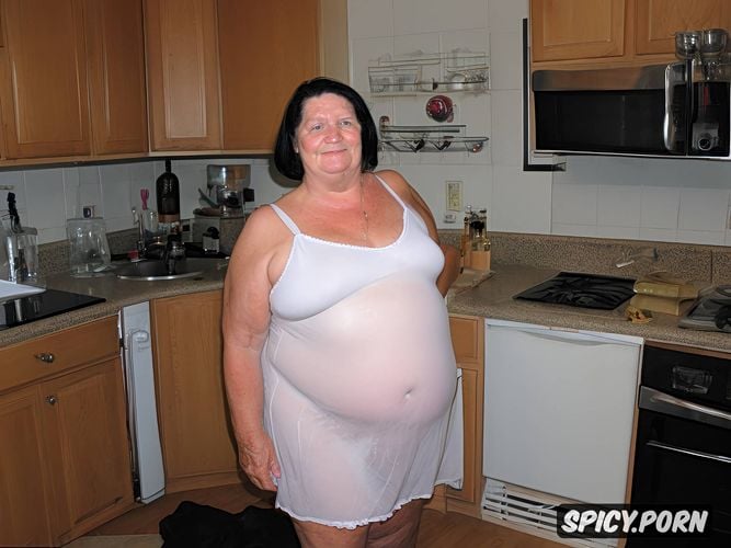 standing, big belly, kitchen, fat belly, granny, looking at viewer