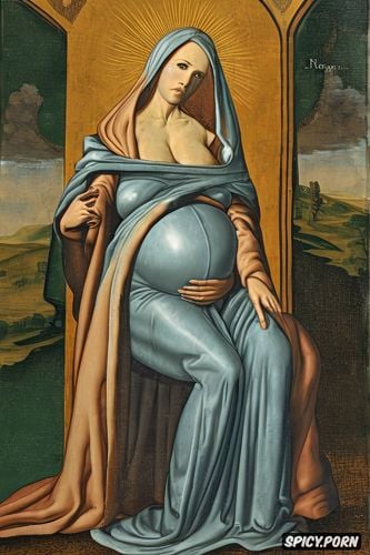 pregnant, halo, spreading legs shows pussy, virgin mary nude in a stable
