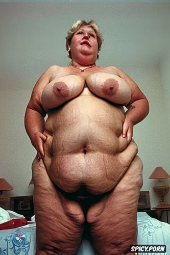 tan lines, front view, topless, an old fat milf standing naked with obese belly