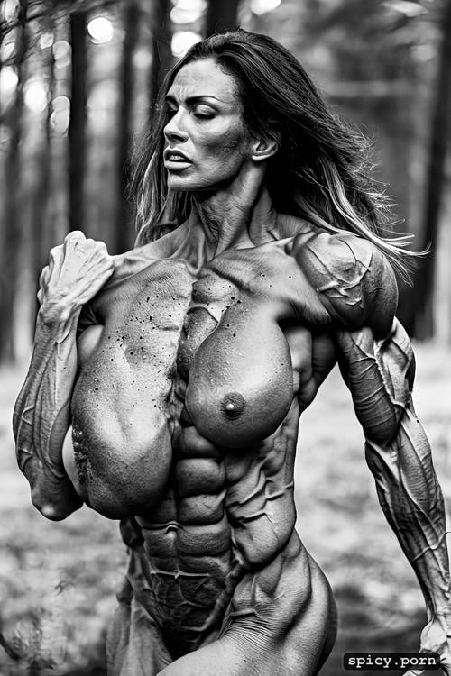 massiv abs, scar, perfect face, full body, in the woods, style photo