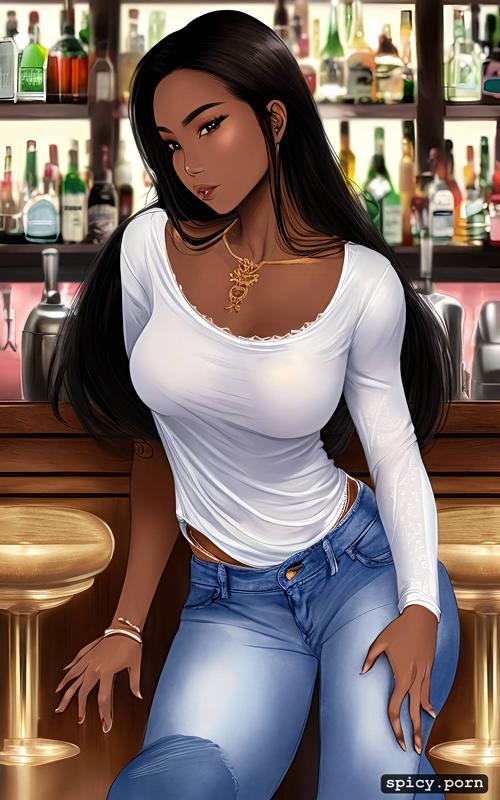 detailed face, sketch, thai teen sitting in bar, dark skin, fully clothed in tight white tshirt and jeans