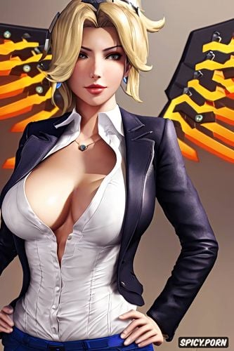 ultra detailed portrait, ultra realistic, mercy overwatch female president of the united states black blazer white shirt shirt unbuttoned beautiful face milf