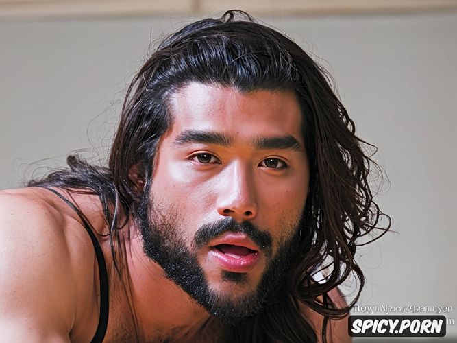 gay male jomon features hairy in ryokan long hair in samurai bun and beard thick natural eyebrows closeup highest quality perfect anatomy