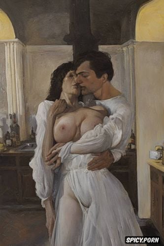 ominous atmosphere, carravagio oil painting, man gropes saggy wrinkled tits