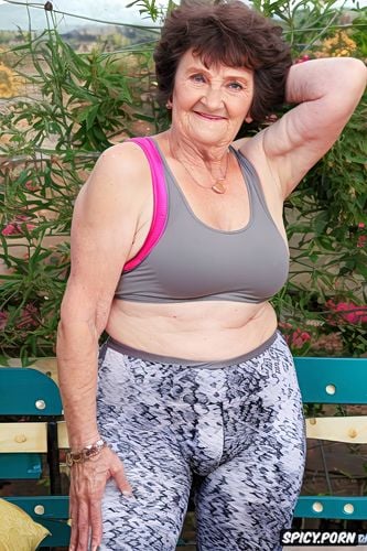 wearing spandex leggings, big saggy tits, tank top, background patio