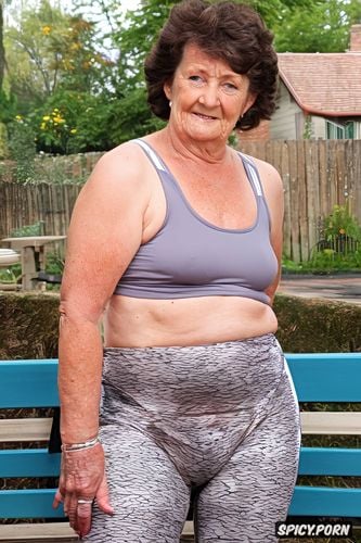 shapely, wrinkled, wearing spandex leggings, background patio