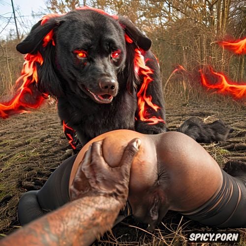 fiery red glowing eyes, aggressive, mature caucasian woman in all fours in front of him