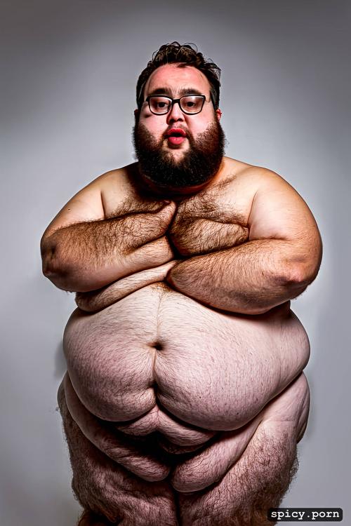 show large penis, short buss cut hair, cute round face with beard and glasses