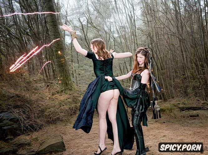 magical glowing sparks hitting her in the head, medieval dress pulled up exposing ass for rough anal sex