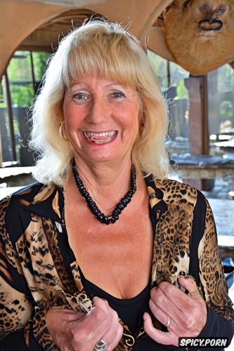 talk elderly blonde with a massive happy happy smile puts her right hand into the lion cafe at the zoo