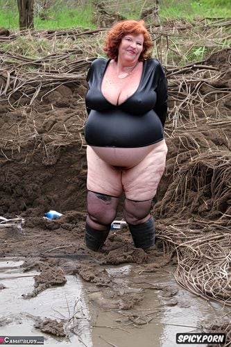 massive belly, gross, in filthy slum, in mud pit, huge nipples