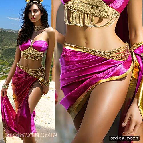 hyper realistic, seducing, illustration, side shot, smooth, gold and pink saree