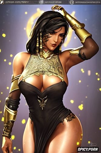 ultra detailed, ultra realistic, high resolution, pharah overwatch beautiful face milf tattoos small perky tits flowing low cut black evening gown golden diadem masterpiece