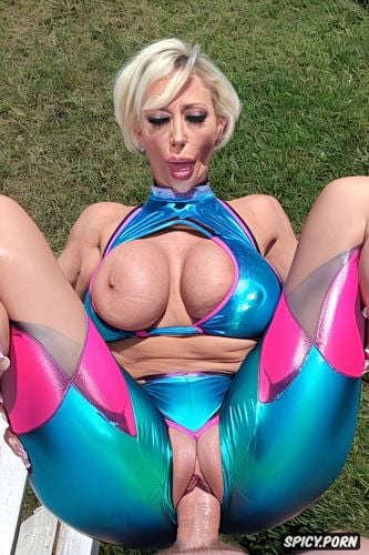 outdoor, deepthroat, short hair, milf wearing blue shiny lycra outfit leggings short hair granny wearing tight top