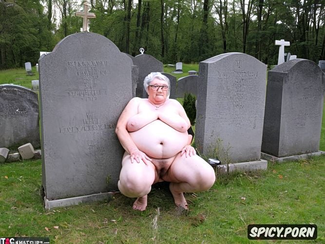 grave with headstone in a cemetery, nun dressed, fat legs, cellulite