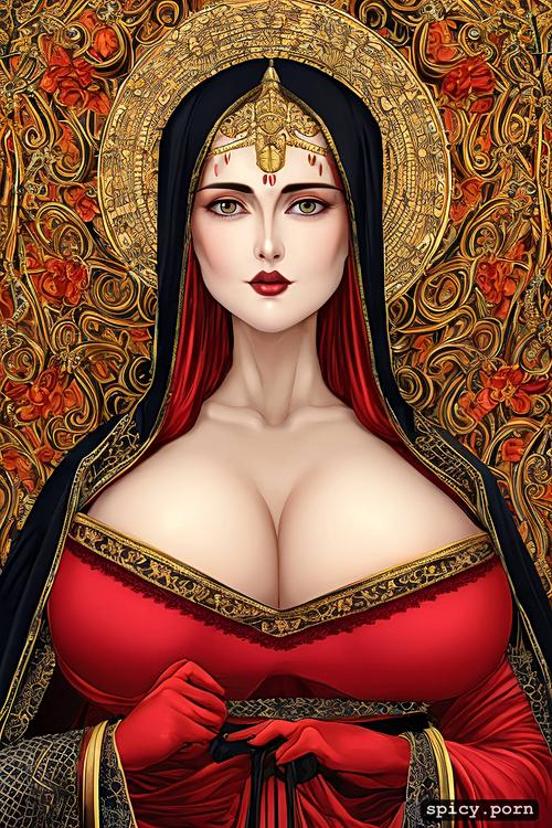 1woman, busty, red white black colors, highly detailed, key visual