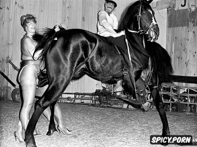 a resilient country woman with wide ass is not scared by too thick dick of a massive stallion who is on her after fucked her like on a mare in heat in the stable