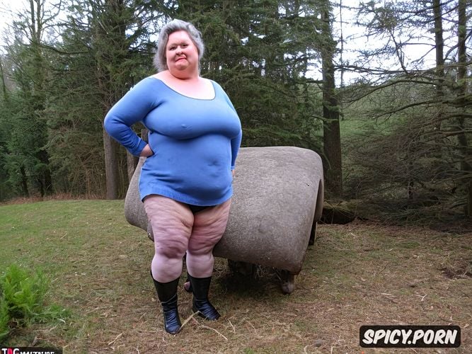 obese, knee socks, full body view, bid saggy breasts, very old naked granmother
