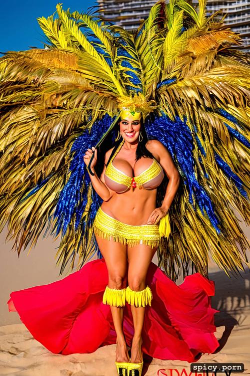 flawless perfect stunning smiling face, 43 yo beautiful performing white rio carnival dancer at copacabana beach