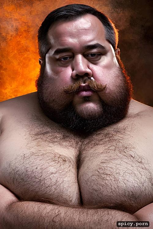 short blond hair, hairy body, round face with beard, super obese chubby man