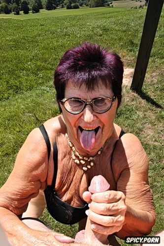 huge teeth, granny looking at the dick, two hands handjob, full body view