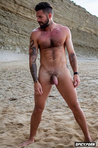 dark haired tattooed 30 year old man sergio ramos face handsome with a beard beautiful muscular pubic muscle very large erect penis on the beach