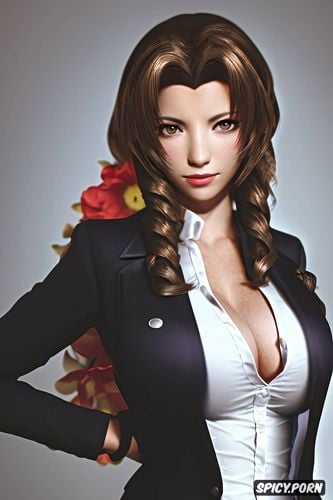 k shot on canon dslr, ultra detailed portrait, masterpiece, aerith gainsborough final fantasy vii black blazer white shirt shirt unbuttoned beautiful face milf