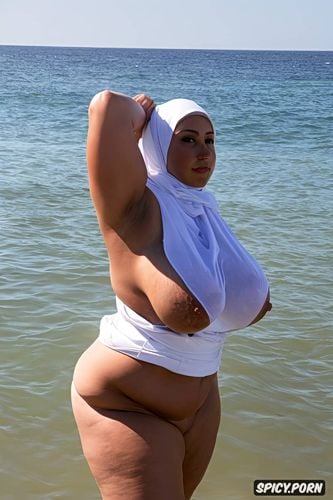 saggy, dark brown nipples, side view, bbw hijab, hijab fat woman