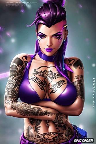 sombra overwatch beautiful face young full body shot, tattoos small perky tits tits out masterpiece