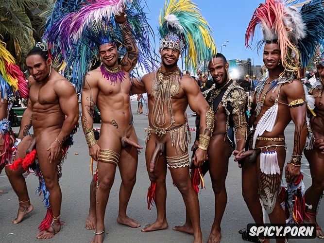 brazilian young muscular men couple, handsome muscular male gay performer at rio carnival