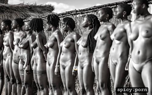 lined up, multiple women, chained together, slaughter house