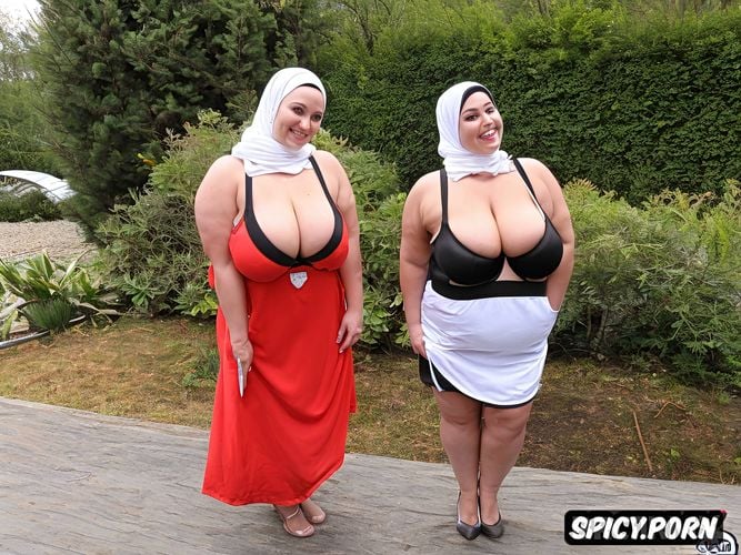 hijab, big body, spandex clothes, two fat white caucasian women with hijab