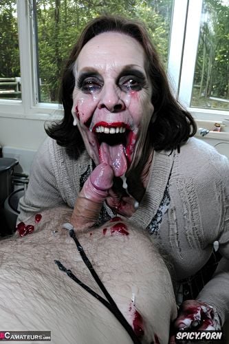 highres, tremendous splash of sperm in the mouth, handjob, old zombie grandmother and old zombie aunt