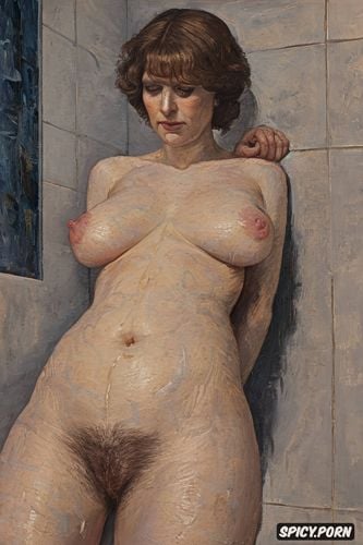 chubby belly, egon schiele, women in humid bathroom with fingertip nipple touching breasts tiled bathing