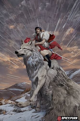 princess mononoke squatting on the back of a giant wolf, paws