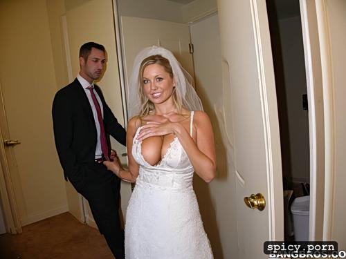 front view of full body in doorway, seductive milf, sexy bride caught sneaking away from the wedding