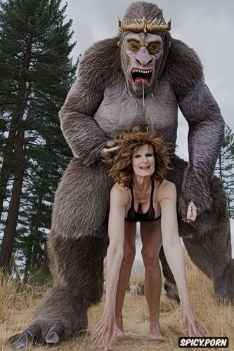 granny enjoys sasquatch fucking her doggy style, gripping her waist for forced deep insertion