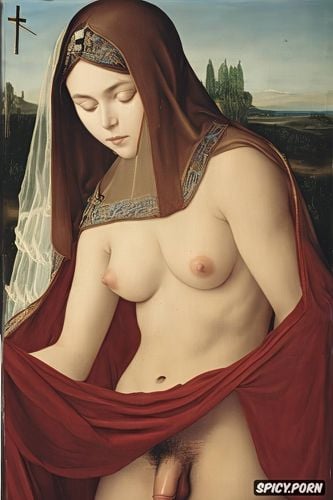 red transparent veil, brown hair, erect penis, erection penis futunari