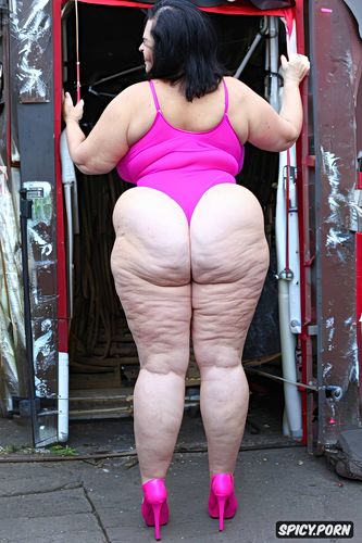 obese, large boobs, sagging butt, very tight leotard between butt cheeks