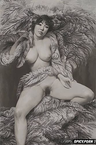 spreading legs, samba, royalty, impressionism painting, japanese nude