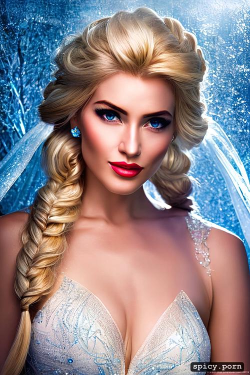 beautiful face, elsa, flowing ice blue gown, confident smirk