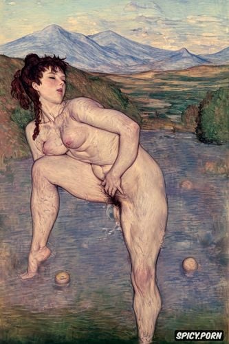 eyes closed, very hairy vagina, abs, impressionism monet, strong arms