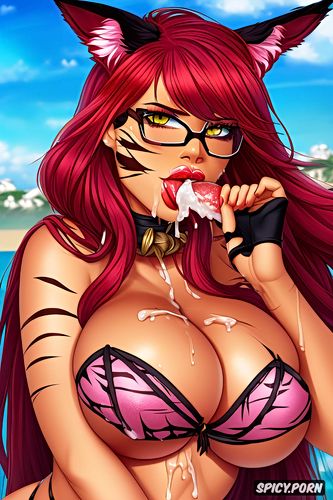 tiger print bikini, pastel colors, colossal boobs, giving a blowjob