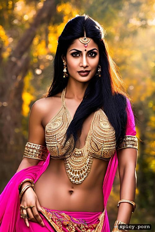 full body front view, half saree, indian lady, curvy hip, gorgeous face