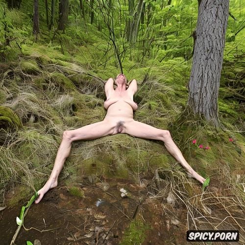 passed out in the woods, wrinkled extremely old, huge amount of cum leaking from anatomically correct geriatric vagina